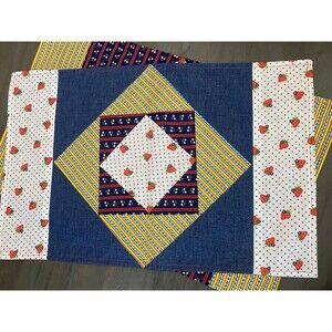 Set of 4 Quilted Placemats Denim Cotton Strawberries Floral Squares Cottage core
